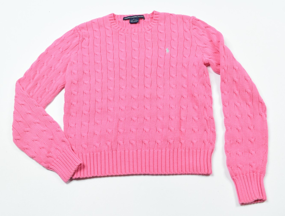 Ralph Lauren Sport Cableknit Sweater Womens Large Pink Cotton Long Sleeve Slim